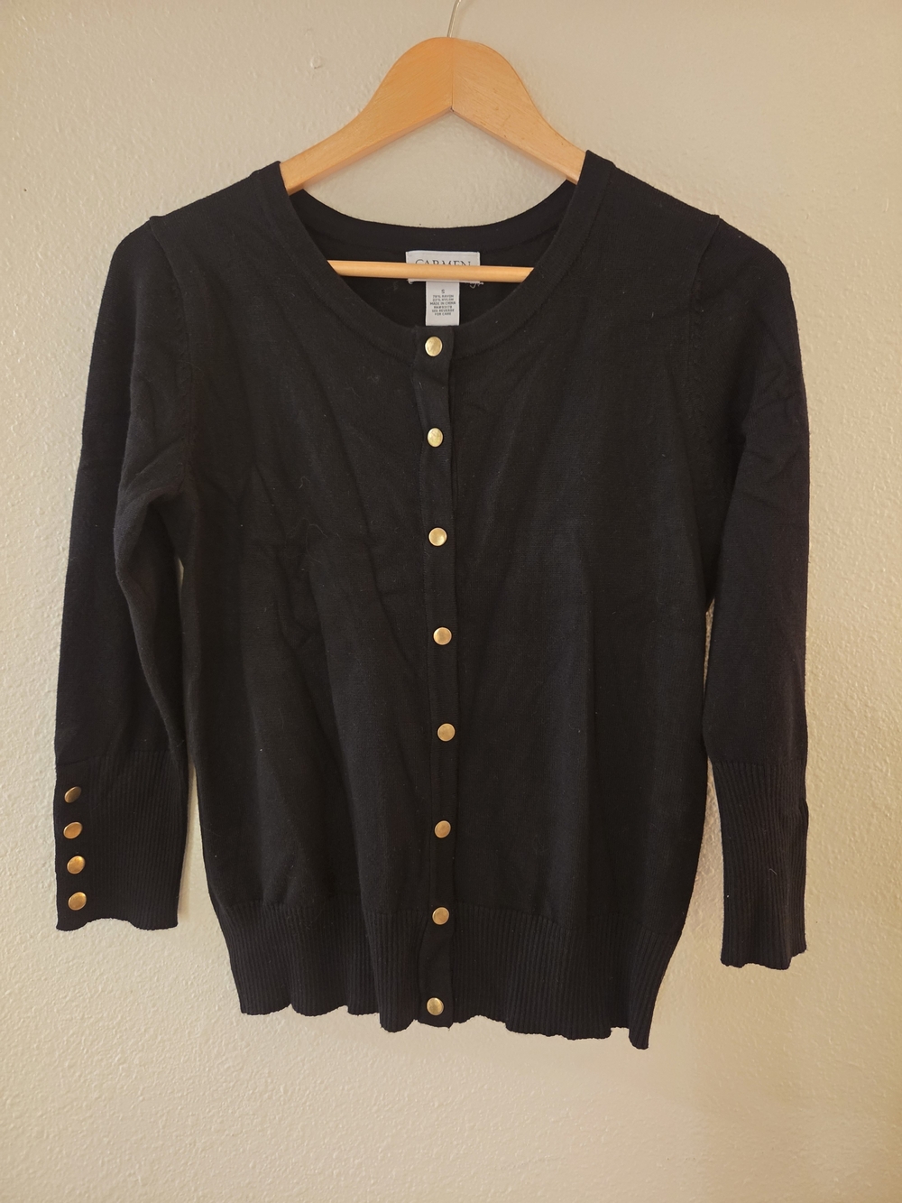 Carmen Marc Valvo Black Siohisticated Cardigan with Gold Buttons